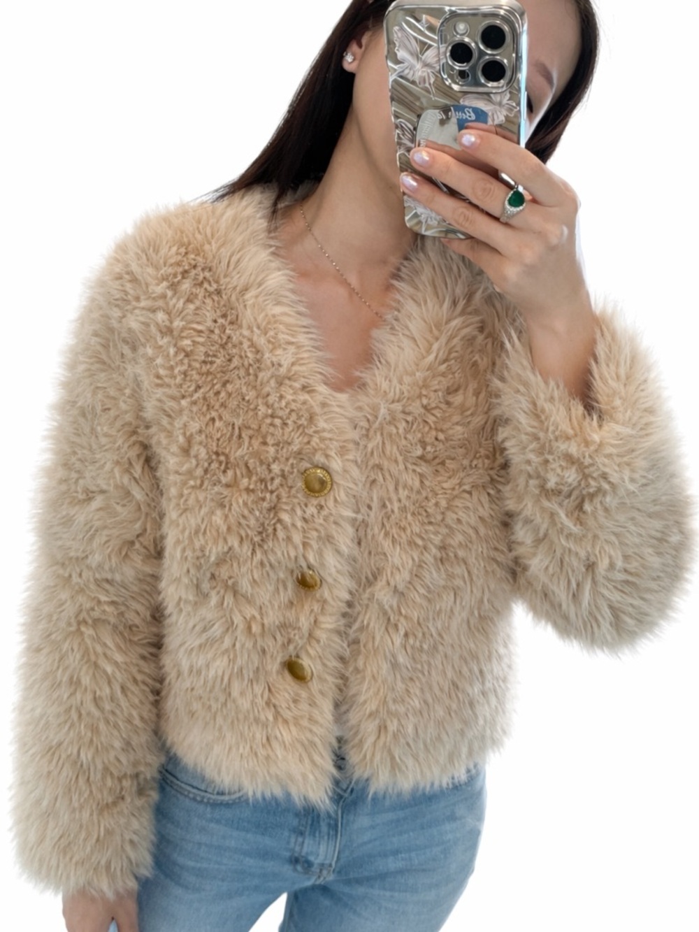 Y2K Beige Faux Fur Jacket Snap Button Soft Fluffy Cropped Coquette